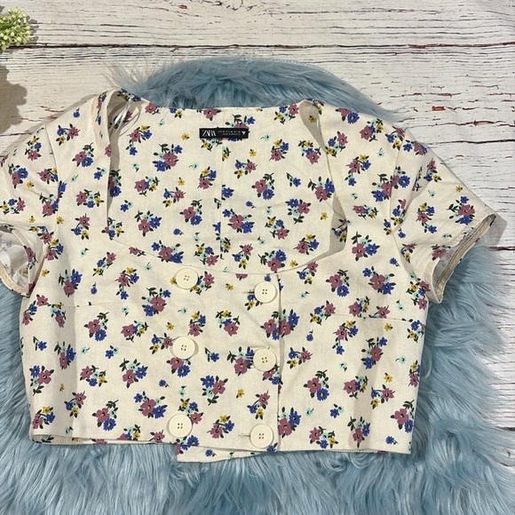 Zara Linen Blend Floral Crop Button Square Neck Top - Picture 6 of 7